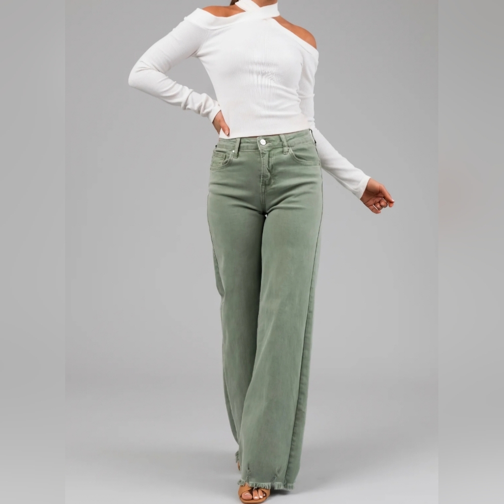 RISEN High Rise Wide Leg Olive Denim Jeans Classic Frayed Hem Size 1/25 NEW - Picture 5 of 15